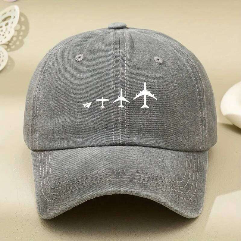 Retro airplane print washed baseball cap adjustable for both men and women, breathable black casual outdoor activity sun hat Y260304