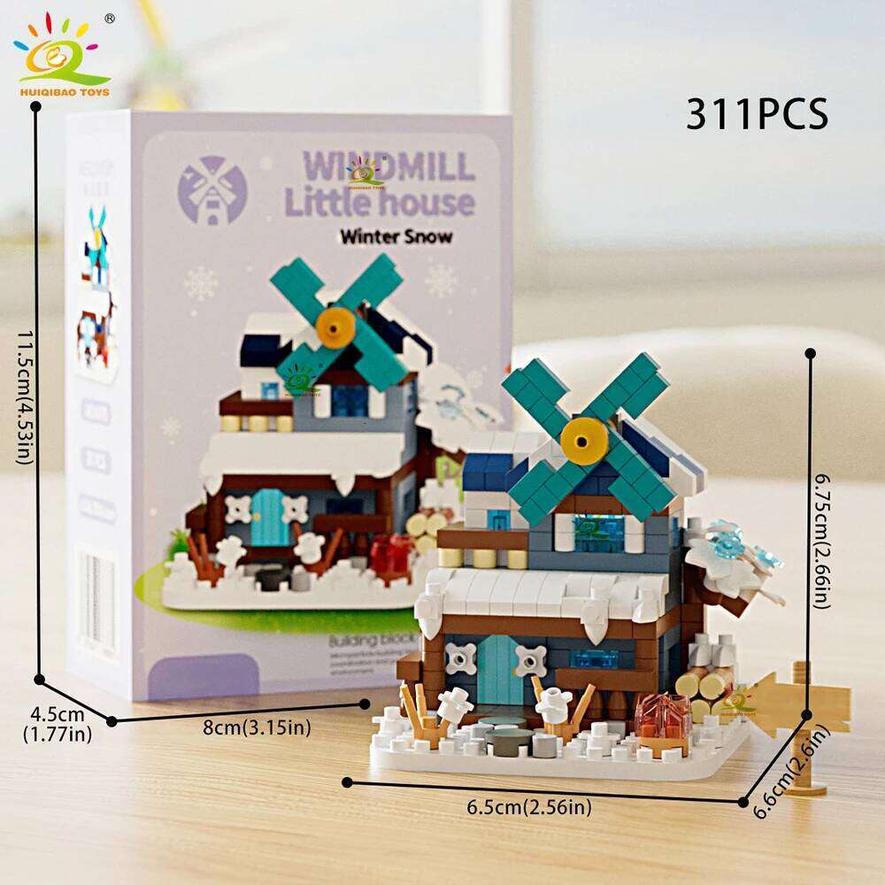 HUIQIBAO Cute MOC Windmill House model Micro Building Block Street View Model Mini Brick Toy for Children Desk Home Decoration Z260306