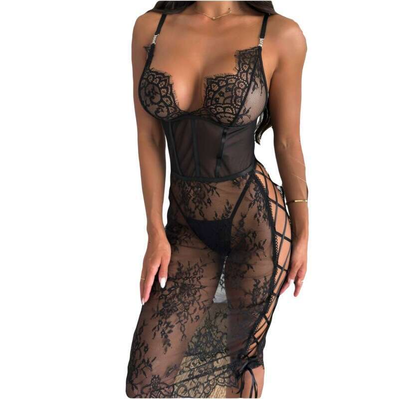 Women Red Lace Sheer Bodysuit with Deep V-Neck & Corset Waist Sexy, Romantic & Perfect for Date Night, Party or Photo Shoot