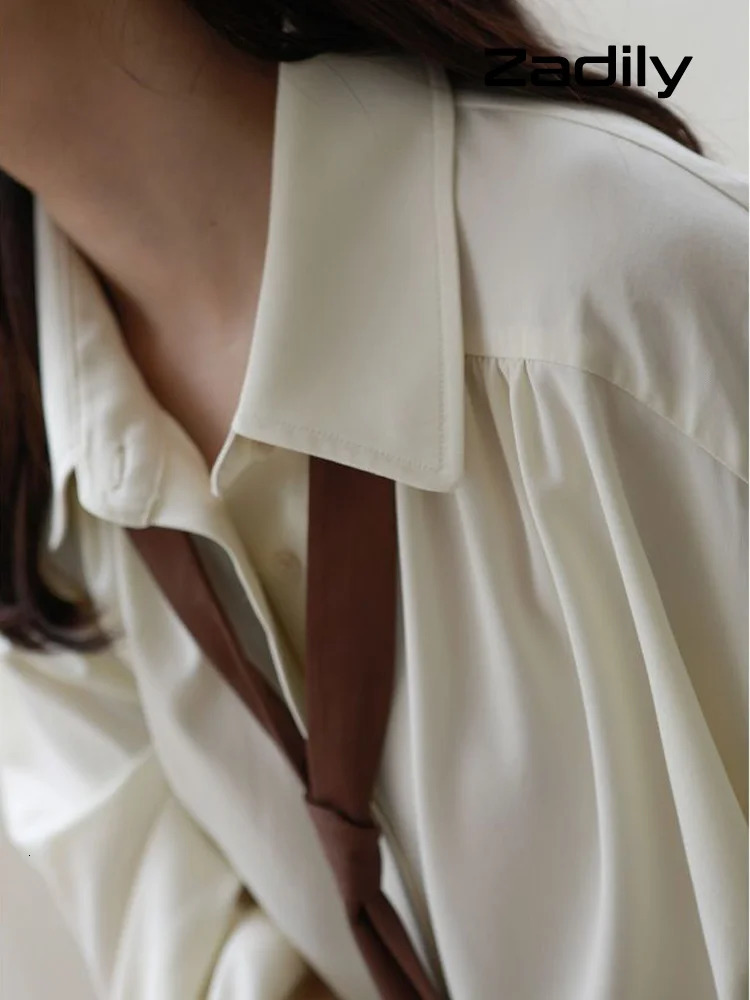 Korean Style Minimalist Oversized Blouse Women Long Sleeve Button Down Shirt with Detachable Tie for Office Casual Wear 260306