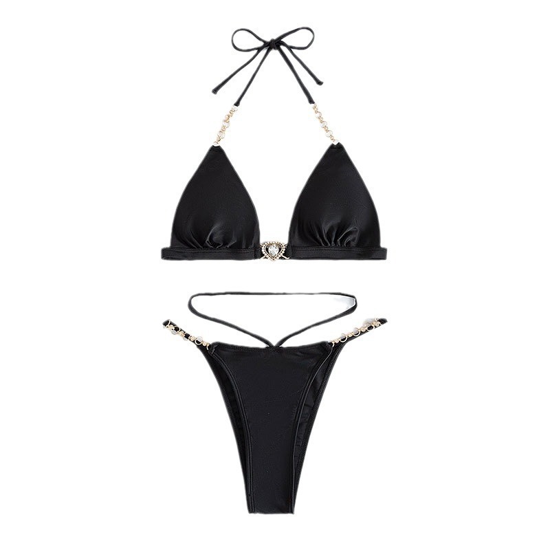 2026 Sexy MultiColor Chain ThreePiece Swimsuit for Women Solid Color HighWaisted TieUp Bikini Swimwear 230420