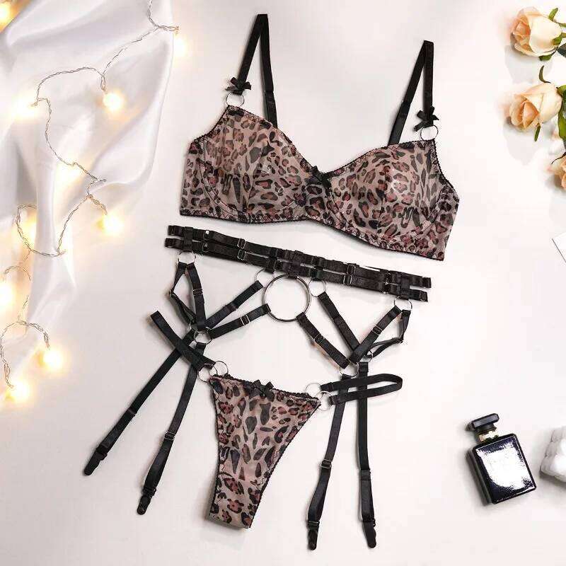 Tornova Lingerie for Women Three-piece Set of Leopard Print Perspective Sexy Hollow Out Garters Underwear Suit