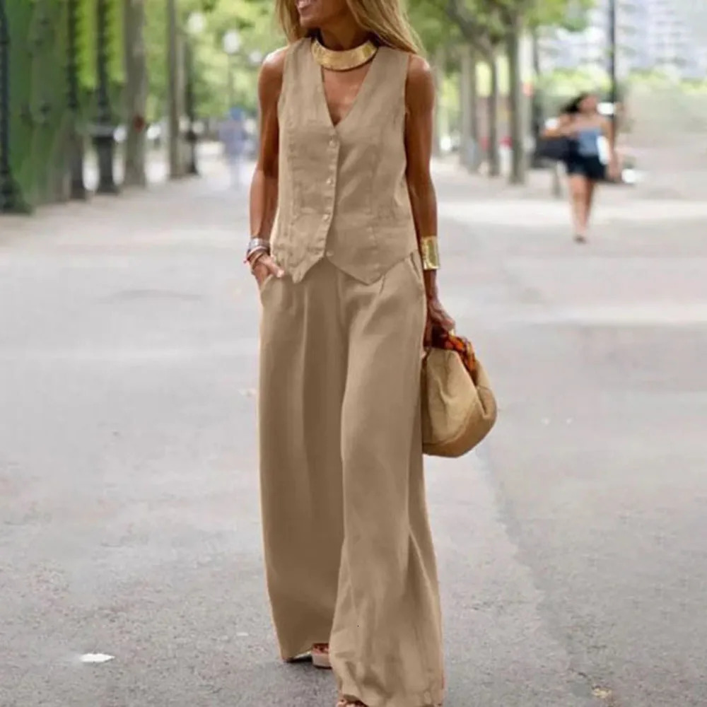 Casual Tank And Wide Leg Pant Sets 2 Piece Sets Women Outfit Summer Elegant Solid Cotton Linen Tops Trousers Suit Femme 5XL 260305