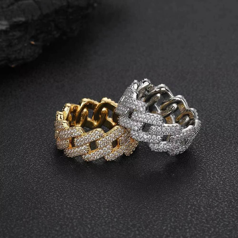 Wholesale Fashion Hip Hop Cuban Chain Rings Brass Gold Plating Iced Out Cubic Zircon Cuban Link Ring Gift for Men Women Jewelry