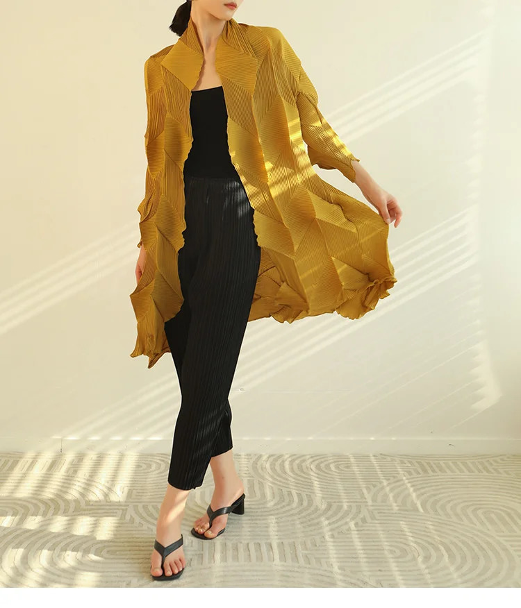 Miyake Fold Trench For Women 2025 Autumn Summer Long Sleeves Open Stitch Loose Pleated Coat Ladies Sun Protection Clothing 260228