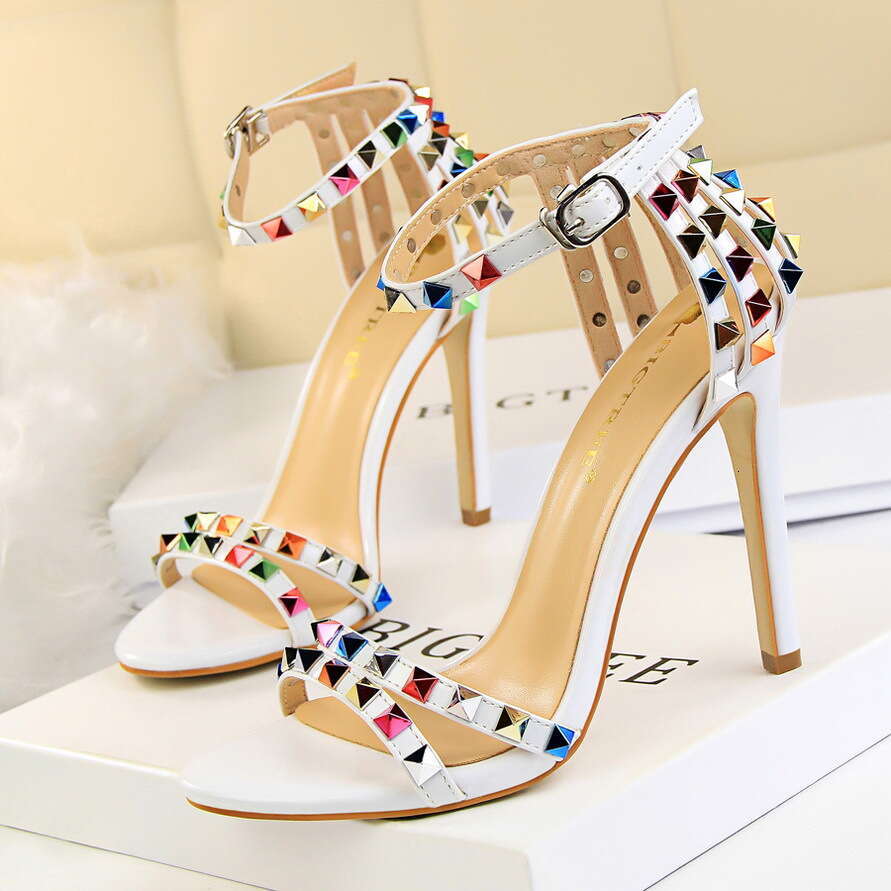European And American Roman Style Women S Shoes Thin Super High Heel Open Toe One Strap Hollow Colorful Rivet Sandals