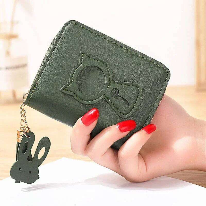 Korean Cute Cat Print Women Short Wallet Zipper Clutch Bag Coin Purse Credit Card Holder with Tassel Pendant C260304