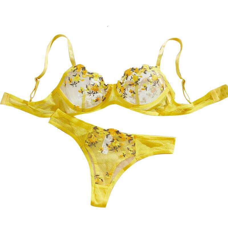 Fairy Yellow Sexy Lingerie Women Transparent Bralette 2 Piece Underwear Sets Floral Embroidery Push Up Bra And Panty Set