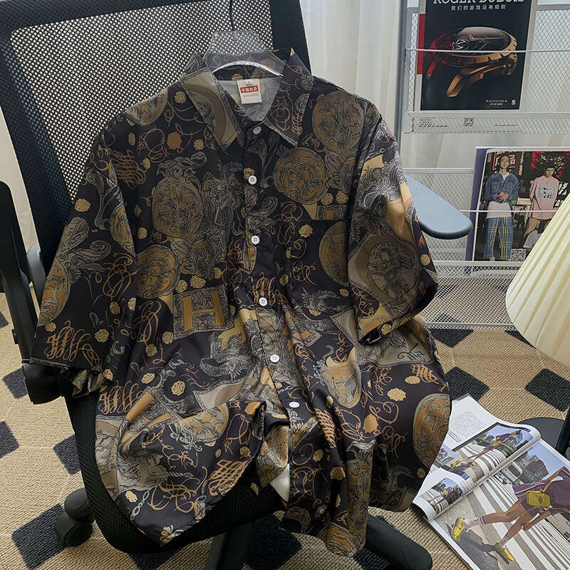 Floral shirt for men, short-sleeved, Hawaiian casual, summer thin style, trendy loose shirt, oversize, couple's five-quarter sleeve