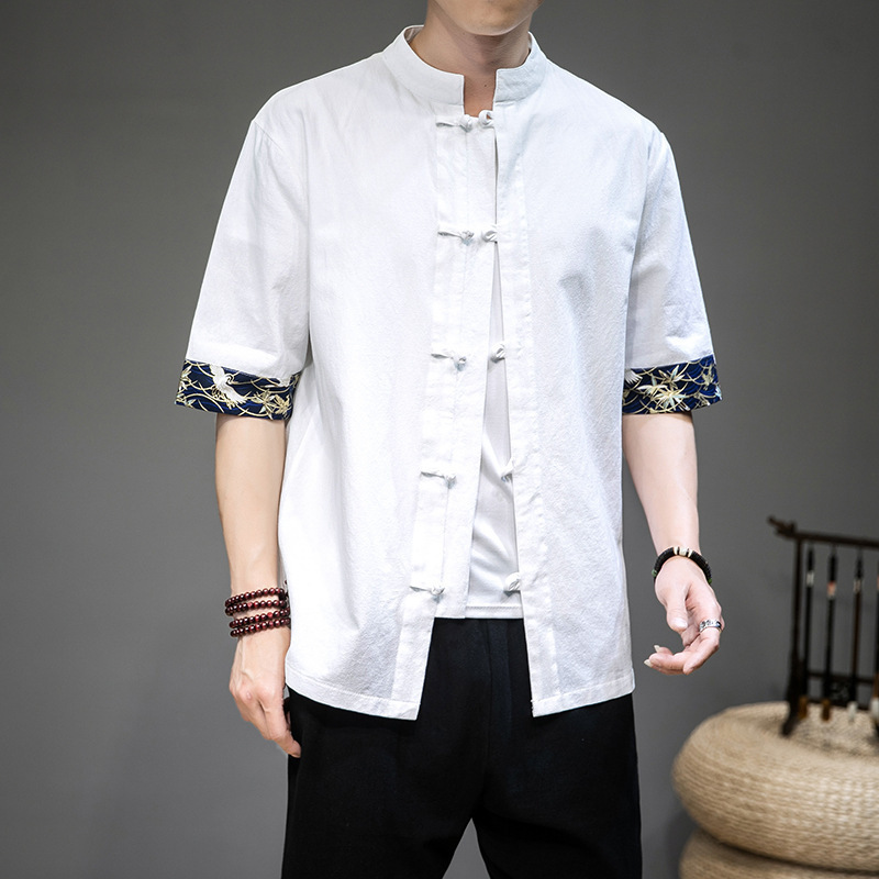 Men'S Linen Style Large Size Short Sleeve Shirt Chinese Style Cotton Linen Loose Button Shirt