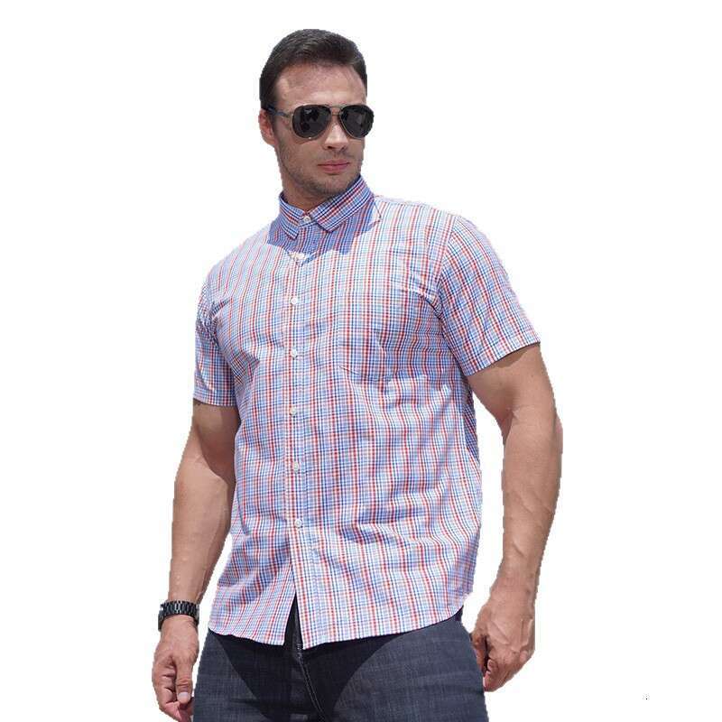 Cross-border summer plus-size plaid loose casual oversized big and tall men, yarn-dyed short-sleeve shirt for men