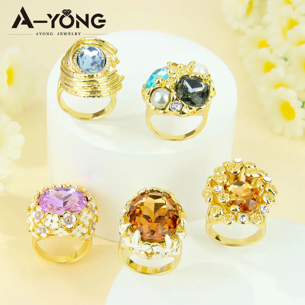 Exquisite Colored Crystal Gold Ring 14k European Italian Fashion Zirconia Cocktail Ring Trendy Statement Jewelry 260302