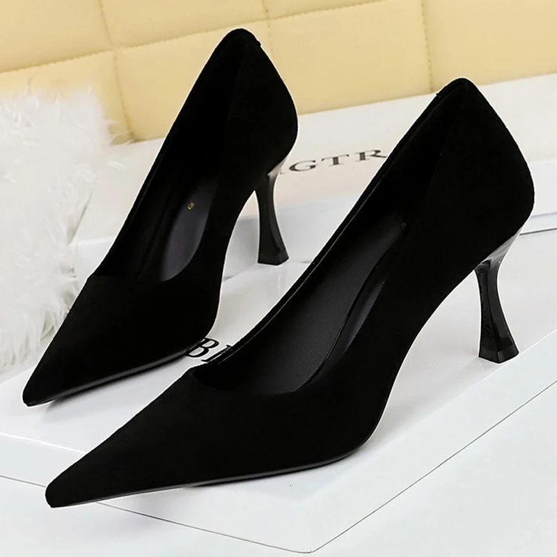 BIGTREE Shoes Suede Black Women Pumps Wine Glasses And High Heels Pointed Toe Women Heels 7 Cm 10cm Ladies Shoes Office Shoes 260306