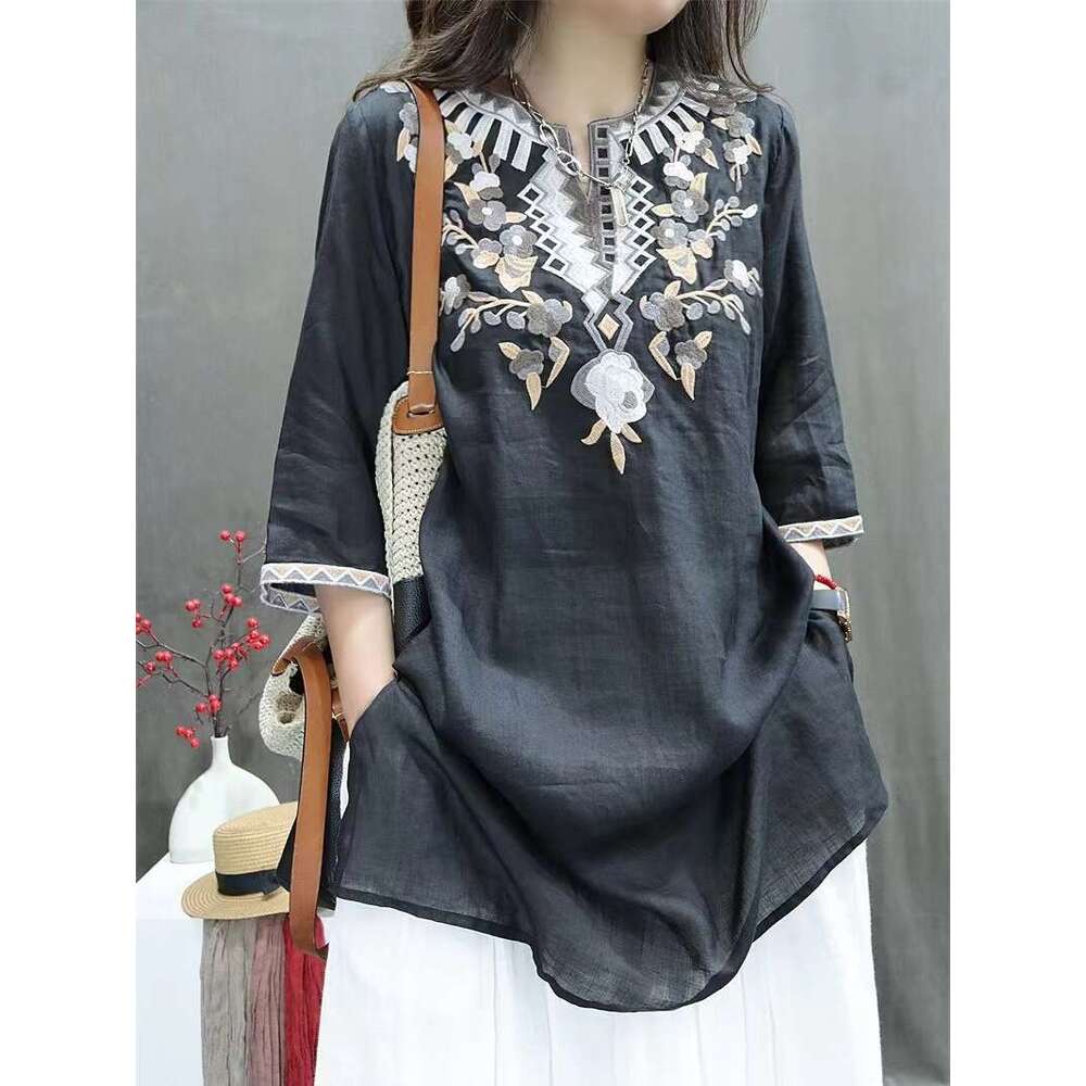 Women's Cotton Linen Embroidered Top Thin Mid Sleeve Retro Chinese Style Spring Summer Autumn New Fashion T-Shirt Embroidery Long Blouse