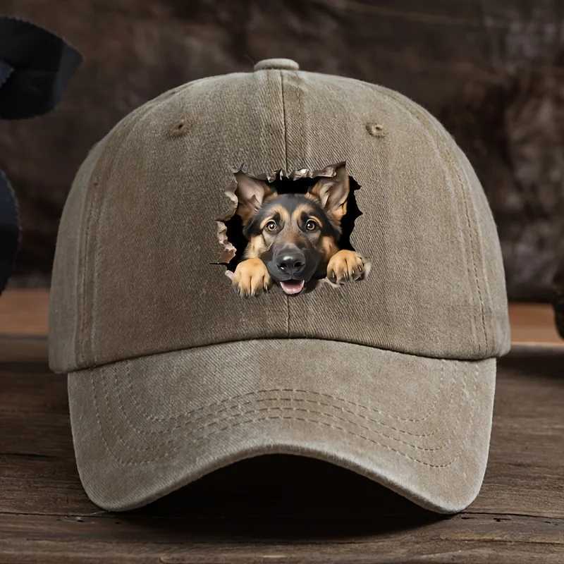 Broken hole wolf dog print baseball cap mens outdoor duckbill cap curved brim washed retro sun hat S260306