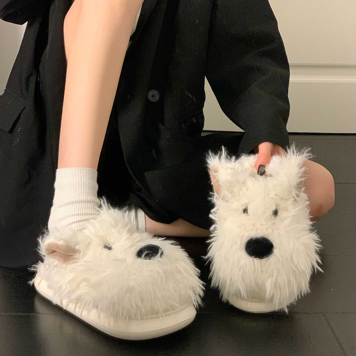 Versatile Scribbled Puppy Furry Slippers for Women Outdoor Wear 2025 Autumn Winter New Thick Sole Height Increasing Warm Closed-Toe Cotton Slippers S2