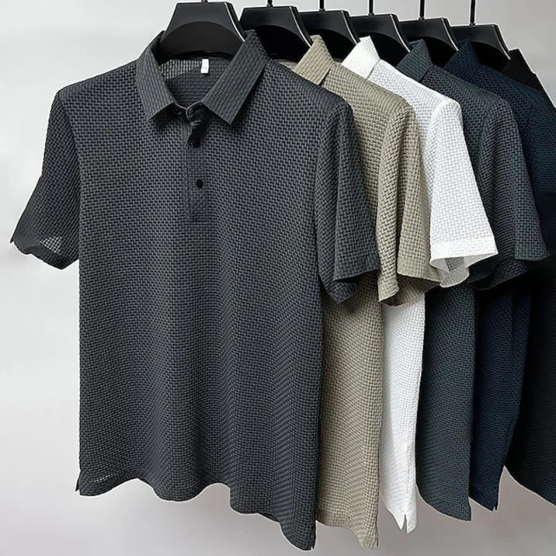 high-end fabric fashion casual mesh ice silk short sleeve lapel T-shirt mens summer solid color comfortable knit polo shirt 260304