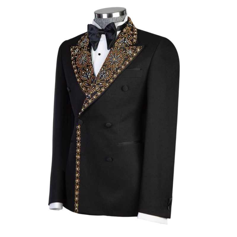 Shiny 2 Pieces Crystals Men Suits Blazer Pants Double Breasted Peaked Lapel Classic Fit Formal Prom Wedding Groom Customized