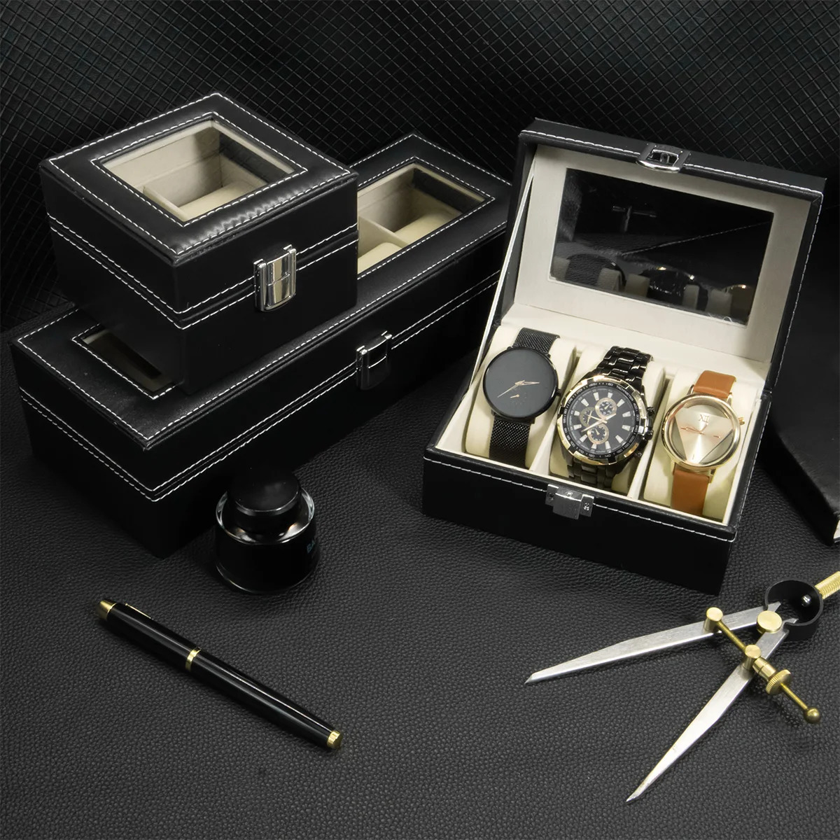 PU Leather Display Storage Collection Organizer watch box Case With Glass Top Slot Men Watch Bracket Display Box Gifts 260304