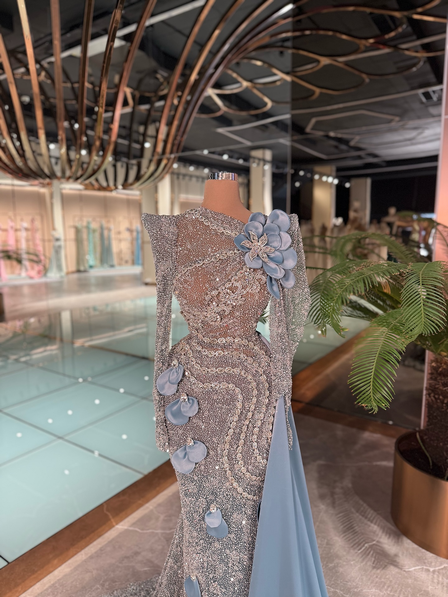 Graceful Evening Dresses Mermaid 3D Flowers Beads Long Sleeve Rhinestones Prom Dresses Celebrity Party Gown Customized Vestido De Novia