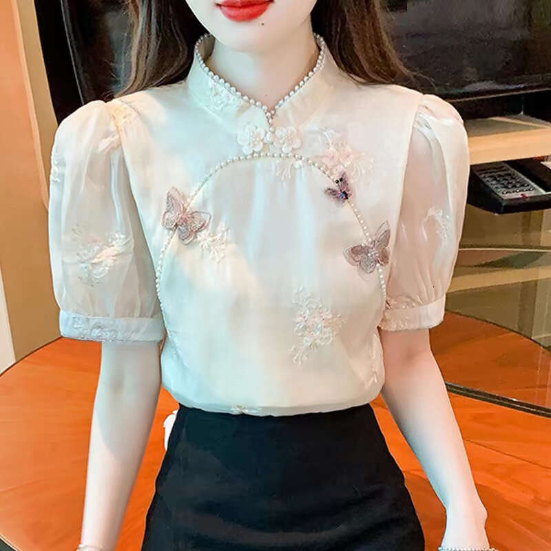 2026 Women's Summer New Design FashionBubble shirt chiffon topable Embroidered Heavy Work Beaded Women's irt Standing collar butterfly embro