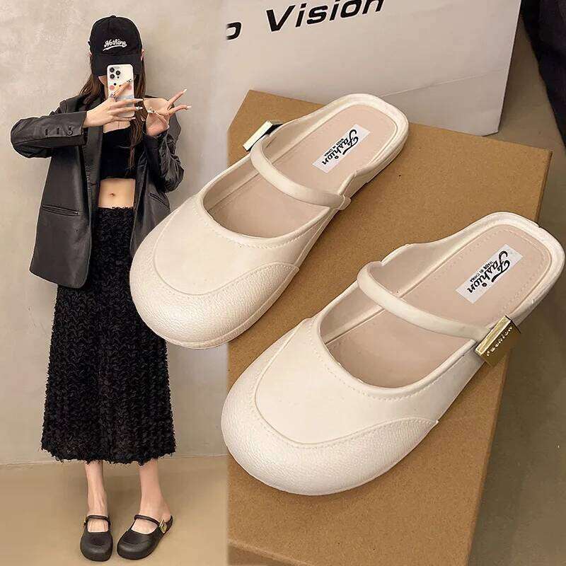 Womens Soft Bottom Mary Jane Summer Comfortable Flat Sandals Square Toe PVC Beach Shoes Pure Color Retro French Lazy Shoe
