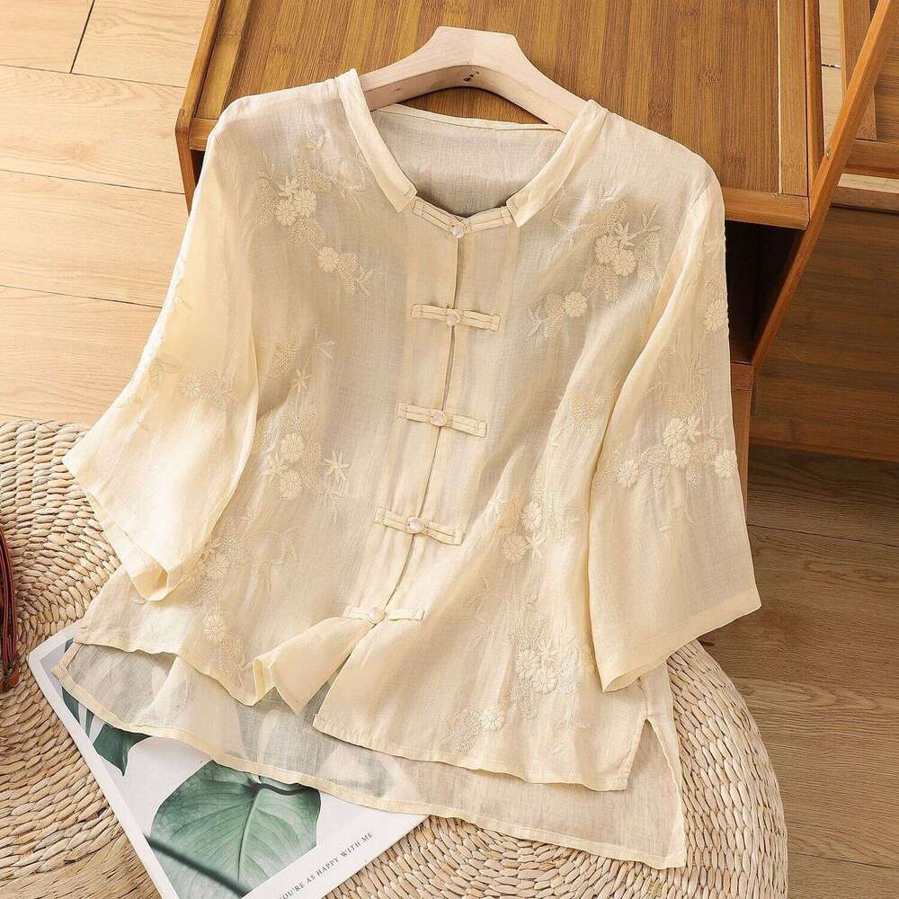 New Chinese style Sle Women's Cotton and Hemp Embroidered Short Sleeve Summer Thin Loose Top Button Classic A-line Version Short Sleeve