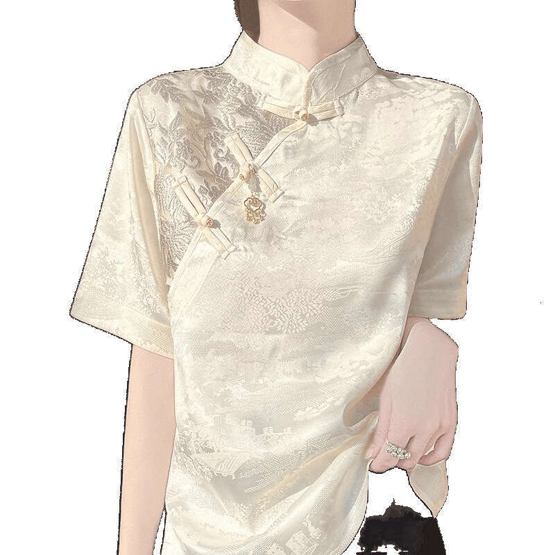 Spring Women Fashion Short Sleeve Shirt Retro Lady Leisure Cardigan Satin Outwear 2025 Femme Stand-up Collar Jacquard T-shirt Embroidery Jacquard Qipa