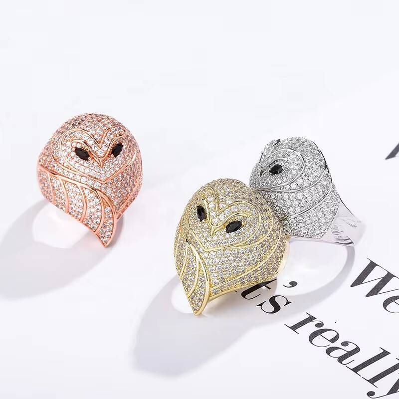 Fashion Cute CZ Animal Owl Design Ring Zircon Brass Gold Plated Hip Hop Iced Out Lab Diamond Finger Jewelry for Men Women Unisex
