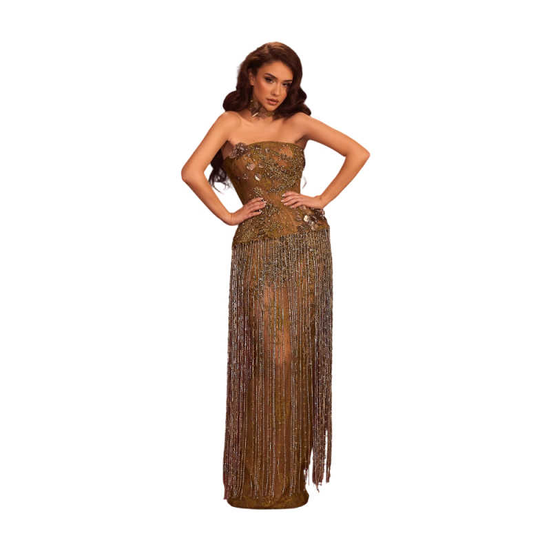 Luxury Strapless Tassels Prom Dresses Elegant Beaded Sequined Evening Dress Appliques Floor Length Party Gown Customized