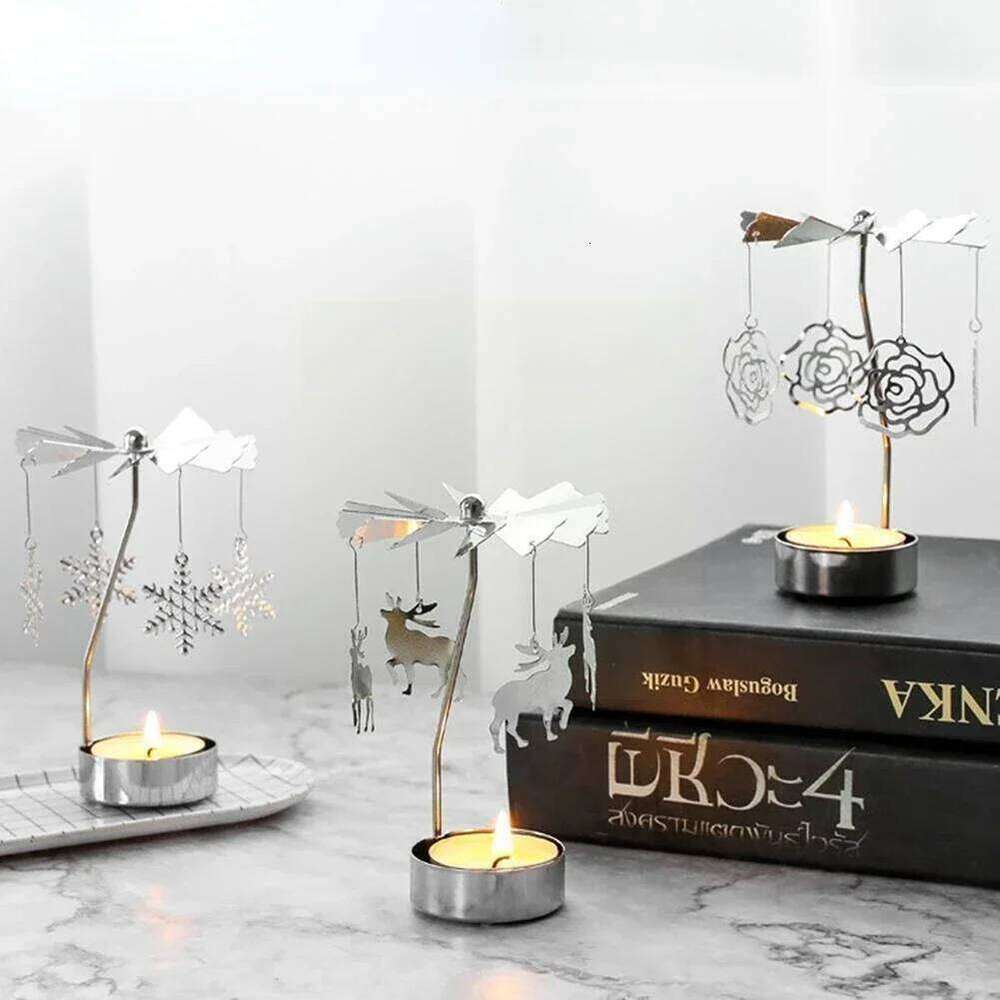 Magical Rotating Wrought Iron Christmas Candle Holder Angel &Deer Carousel Table Decor with Spinning Base Holiday Centerpiece XJ260305