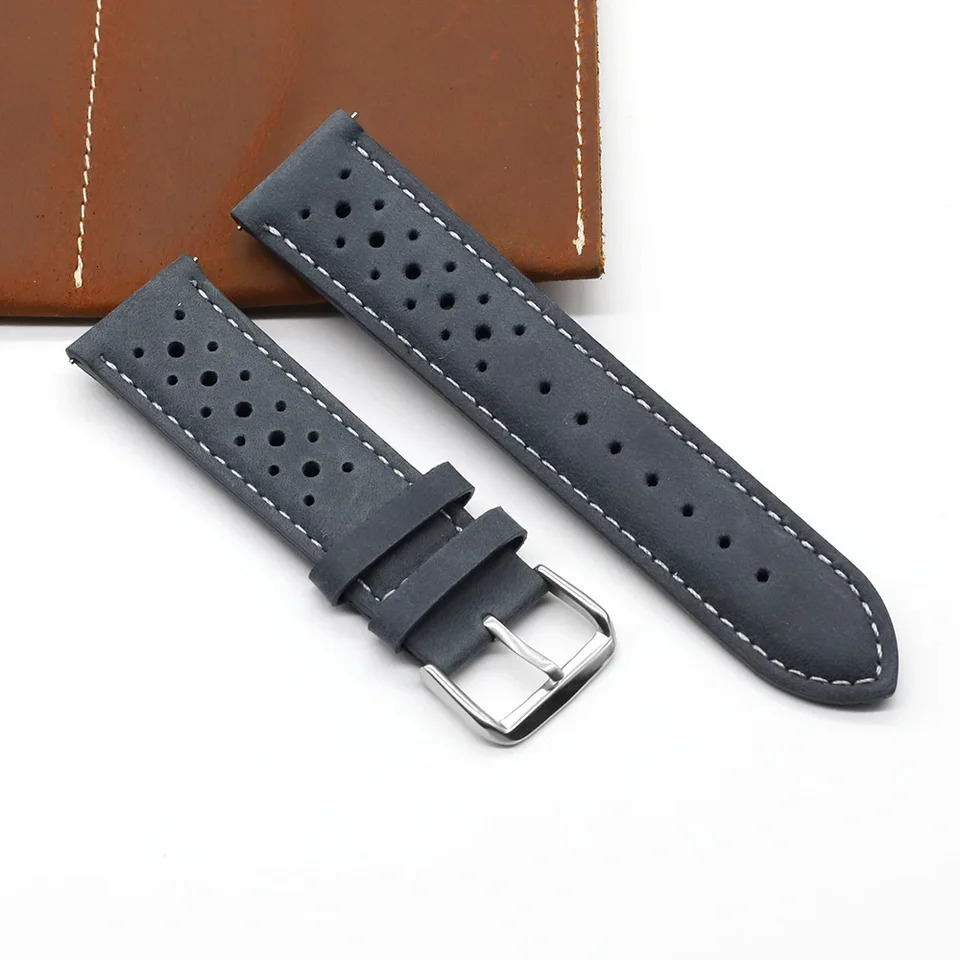 Vintage Handmade Watch Strap 18mm 19mm 20mm 22mm 24mm Racing Leather Strap Gray Black Brown Blue Breathable Porous Watchbands 260304