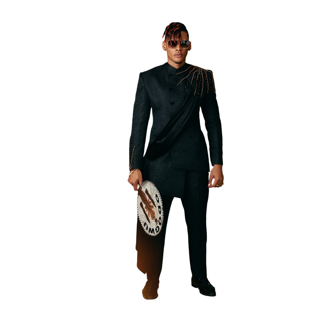 Unique Men Suits Jacquard Blazer 2 Pieces Tailor-Made Rhinestone Beaded Jacket Single Breasted Groom Customized Coat Pants Plus Size