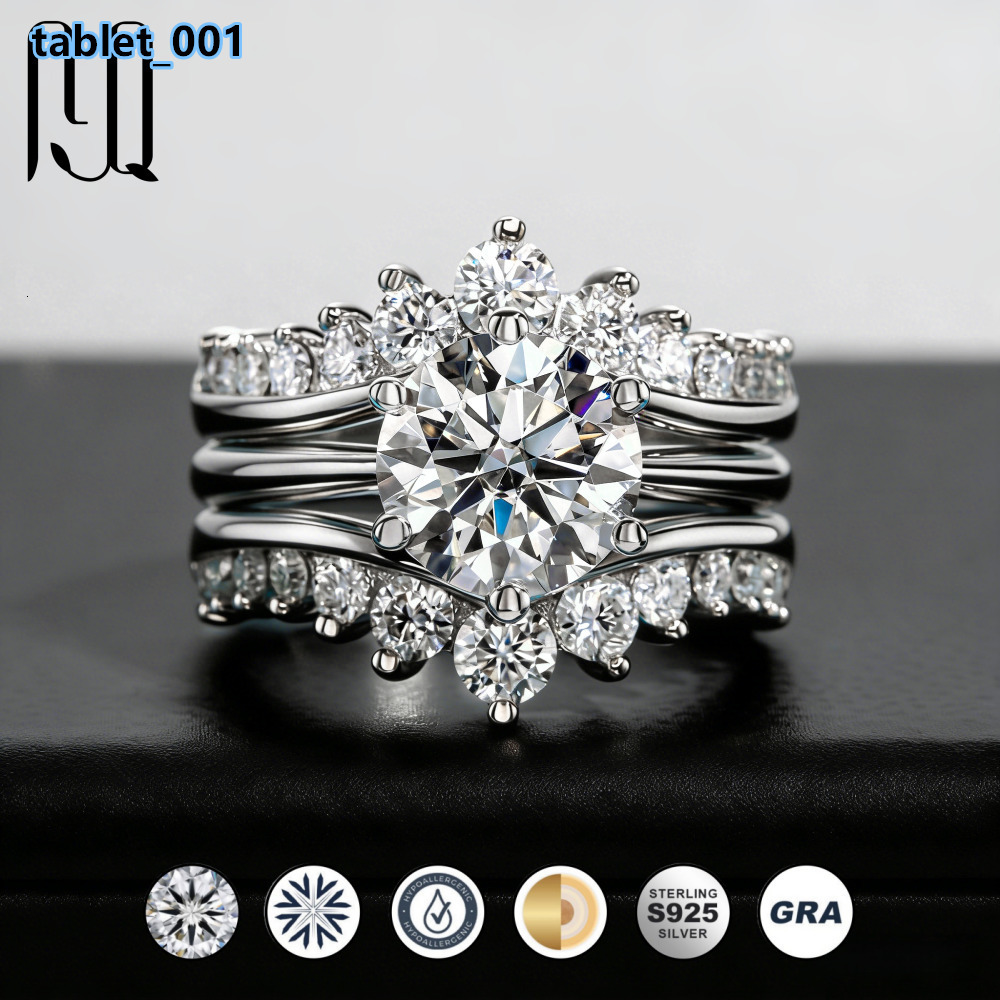 PYQ Luxury 3 Moissanite Ring Set 925 Sterling Silver Subtle High-End Wedding Exclusive Design