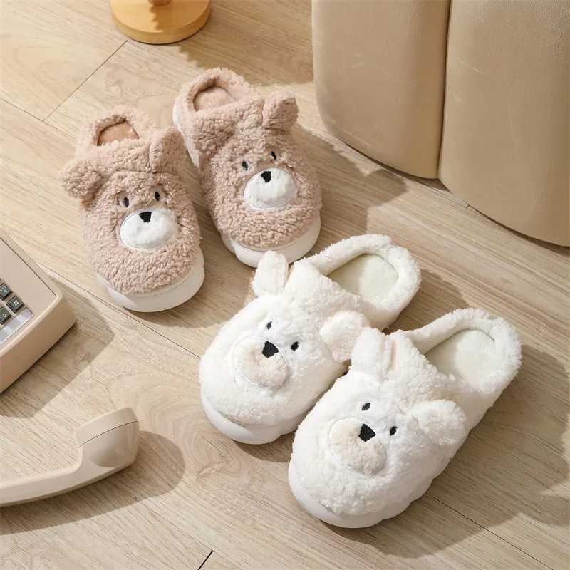 Fuzzy Home Slipper Womens Bear flip flops Winter Warm Cartoon Kawaii Animal Plush Indoor House Shoes Flat Funny Female slides S260305