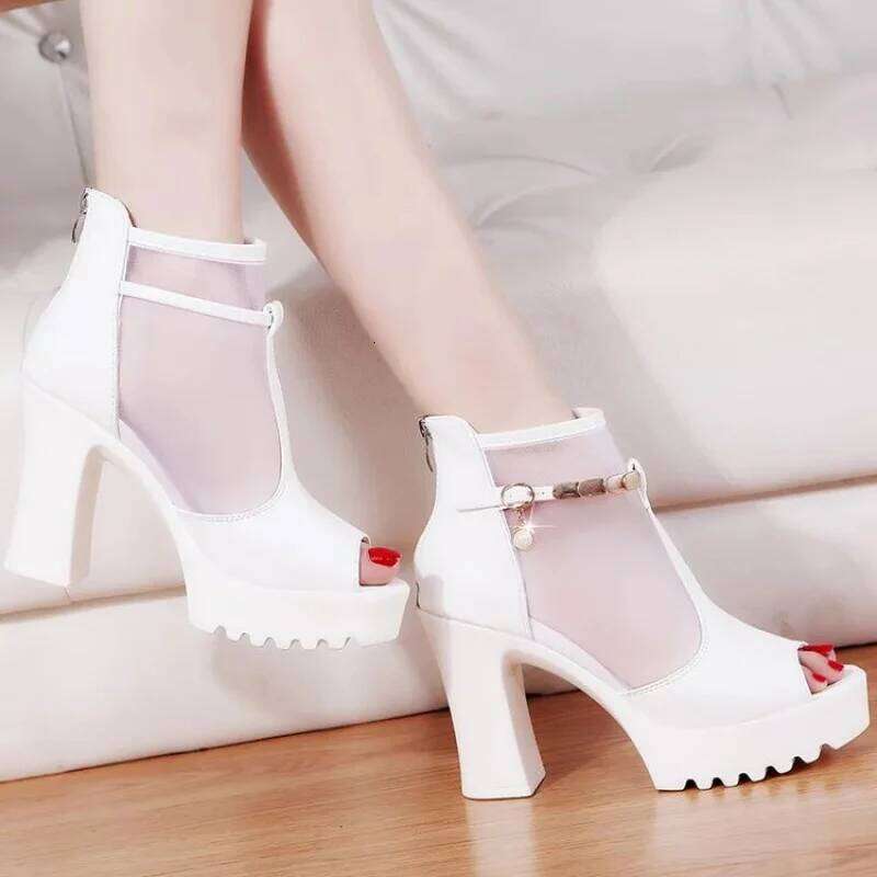 Women's Summer Peep-Toe Ankle Boots, Mesh Breathable Chunky Heel with Metal Chain Strap, Casual Shoes for Beach Party Vacation