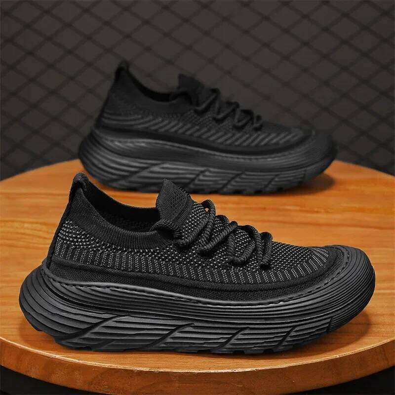 European 2025 New Spring Casual Sports Men's Sneakers Breathable Mesh Upper Knitted Men Shoes Thick Base Single