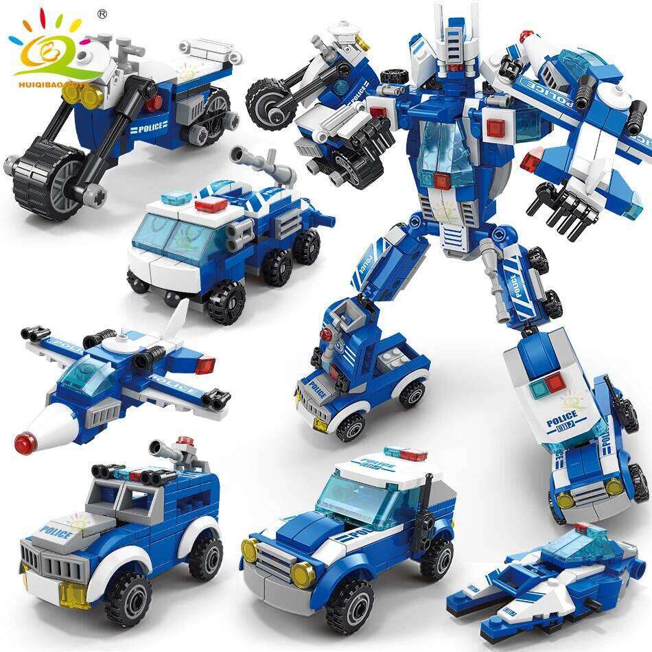 HUIQIBAO 533pcs 6in1 Police Truck Building Blocks City Construction Helicopter Car robot Bricks Set For Children Toys Kids Gift Z260306