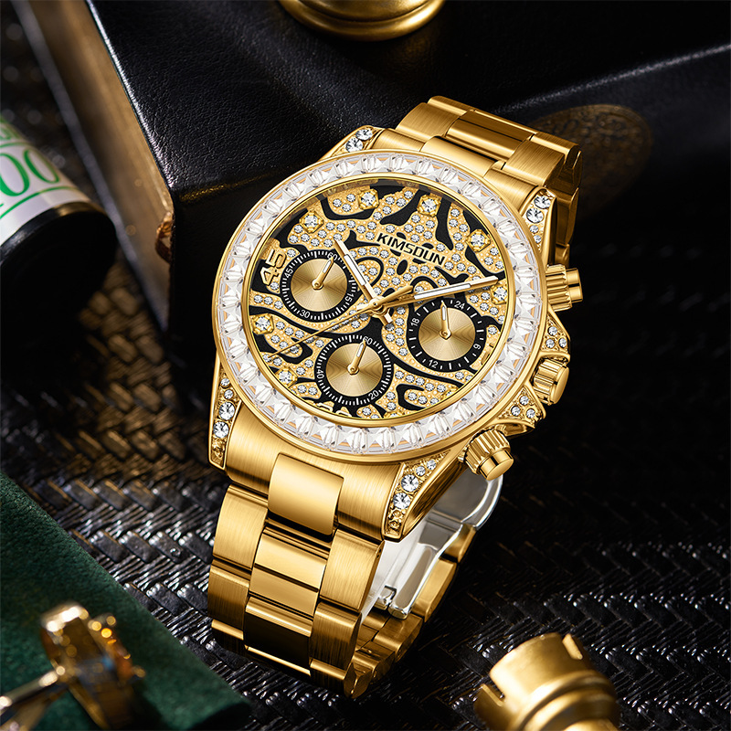 Designer Luxury Gold Tone Men Watch Moissanite Dial Fashion Dress Style Waterproof Luminous Quartz Wristwatch Best Gift for Men Relogio