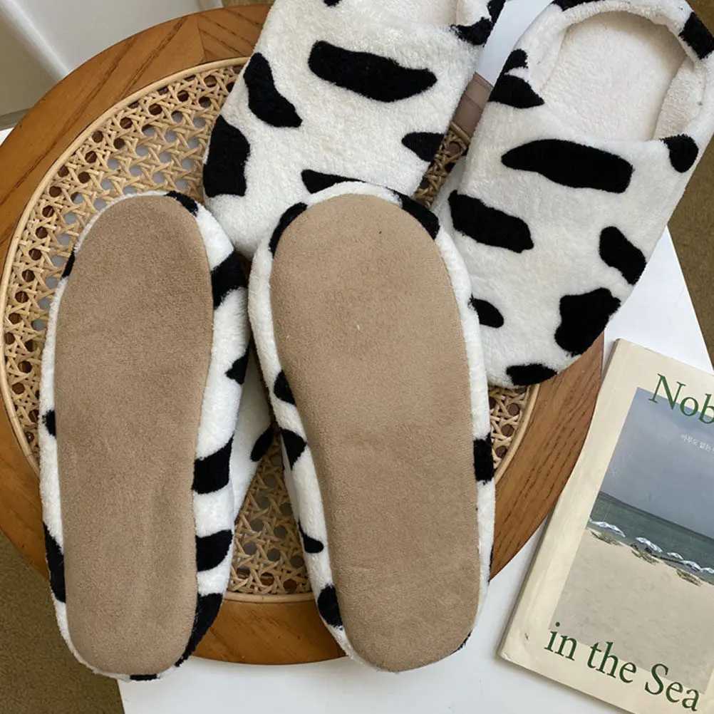 1 Pair Cow Pattern Warm Winter Slippers Black White Comfortable Lightweight Indoor Bedroom Shoes Slip-on Household Warm S260305