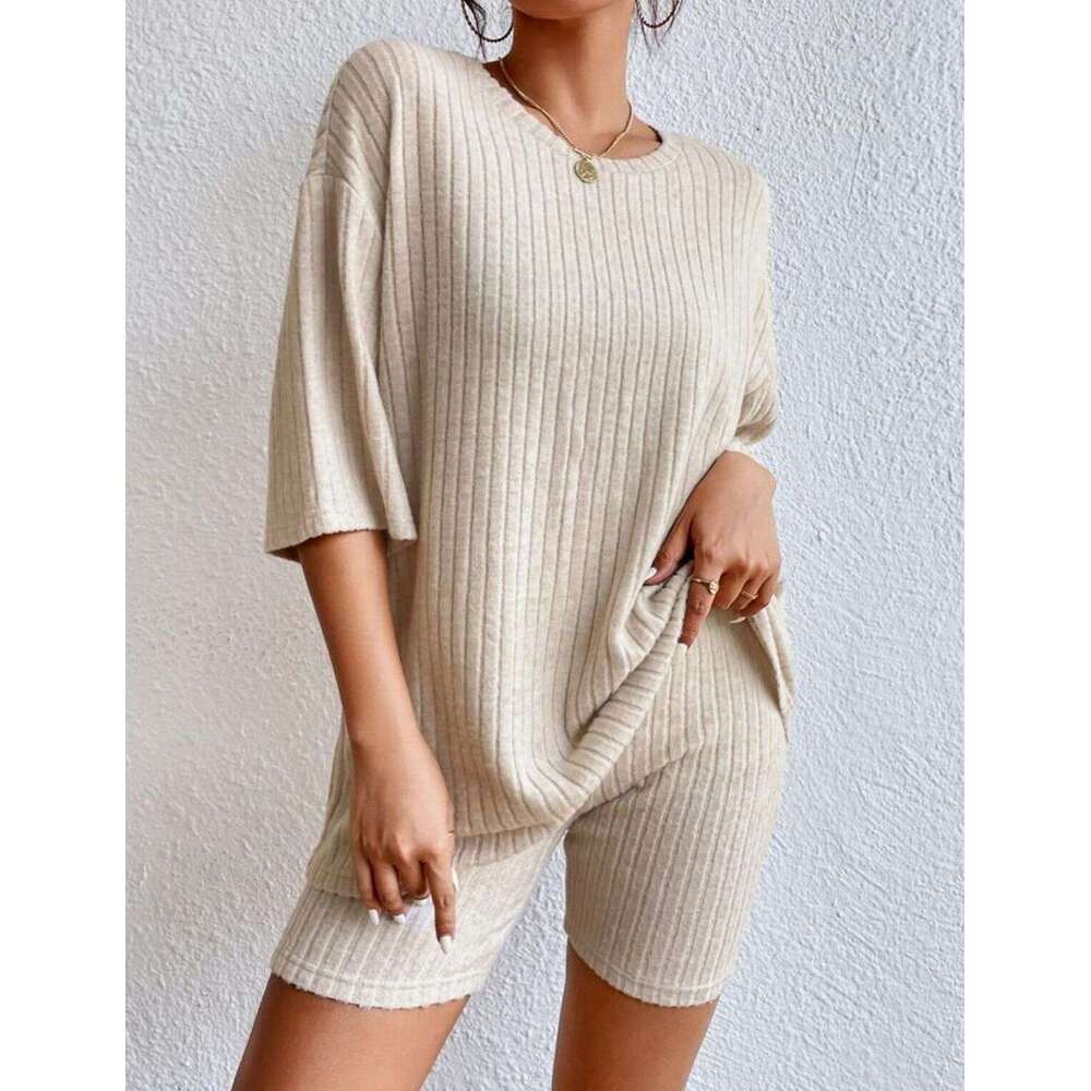New European and American 2026 fashion casual solid Designer color spring round-neck loose women's shorts set