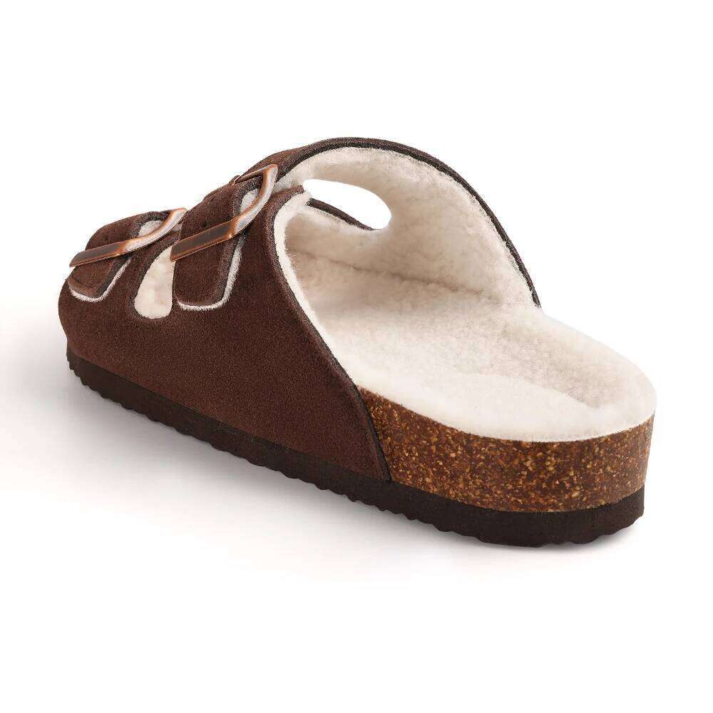 Litfun New Women's Winter Slippers Thick Sole Cork Footed Ladies Slides Fur Lining Warm Sandals With Adjustable Double Buckle