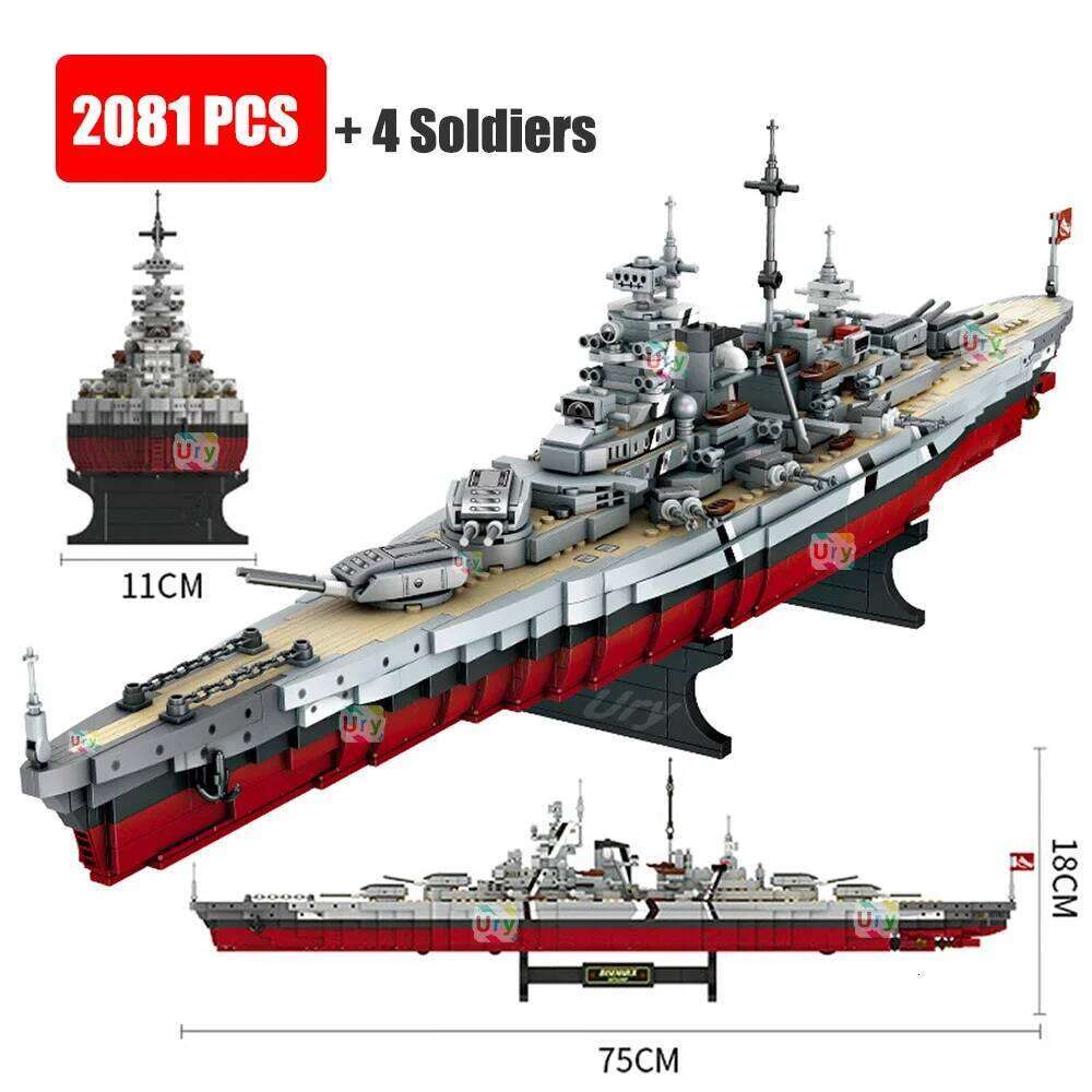 2081pcs Military WW2 Bismarck Battleship Large Boat Cruiser Model Weapon Building Blocks MOC Warship Set Toys for Children Gifts Z260306