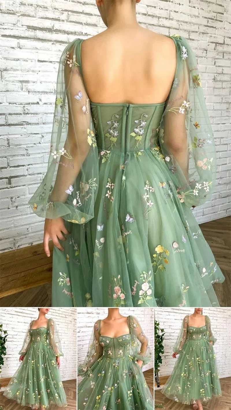 Fairy Princess Flower Tulle Women Maxi Dress Sexy Boat Neck Long Puff Sleeve Evening Prom Dresses for Girl Vestidos X260306