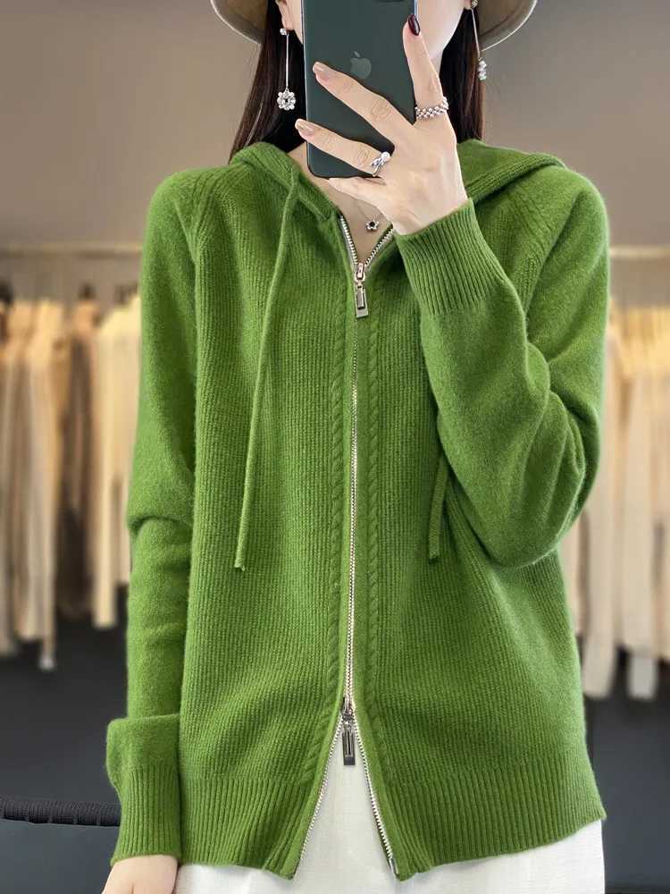 Autumn Winter 100 Merino Wool Sweater Cardigan Womens Hooded Zippers Raglan Sleeve Cashmere Knitwear Casual Chic Clothing Tops M260306