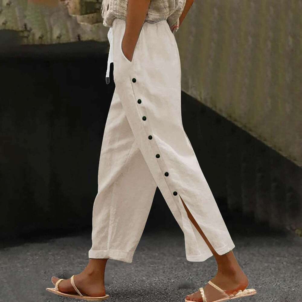 Linen for Women 2025 Spring Summer Lightweight Long Pants Vacation Beach Trousers Designer Side-Buttoned Closure Joggers