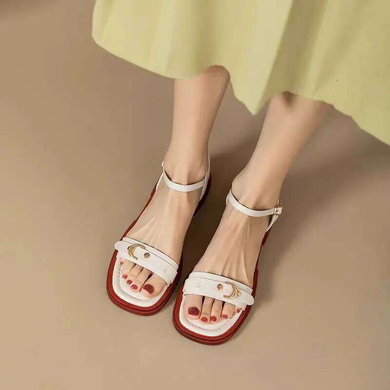 2025 Summer Women Sandals Low Heels Basic Genuine Leather Concise Office Plus Size 35-43 Ladies Casual Outdoor Shoes
