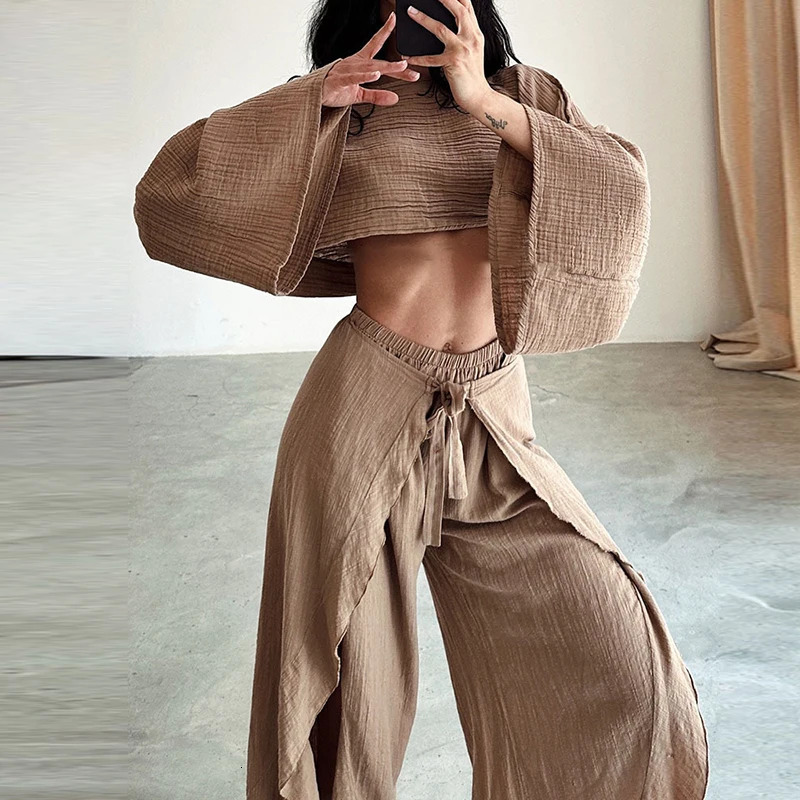 Spring Casual Solid Cotton Linen Suit Summer O Neck Crop TopLace-up Ruffle Pants Outfit Sets for Women Flare Sleeve Hollow 2pcs 260305