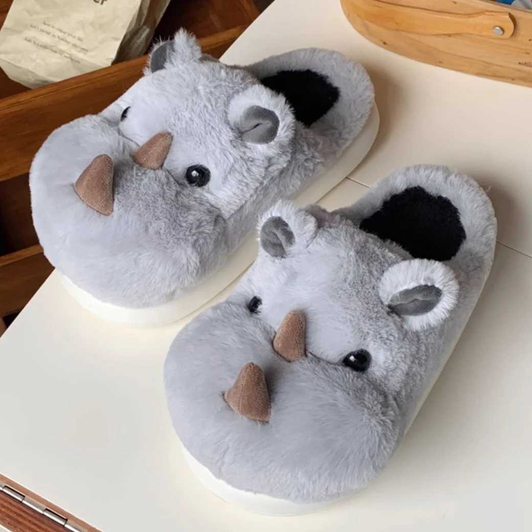 Cute Fun Rhinoceros Design Women Winter new Slippers Casual Soft Heel Platform Fur Warm Indoor Comfortable Man Home Slippers S260305