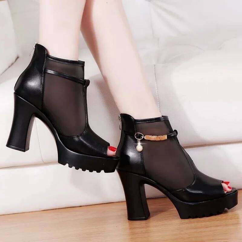 Women's Summer Peep-Toe Ankle Boots, Mesh Breathable Chunky Heel with Metal Chain Strap, Casual Shoes for Beach Party Vacation